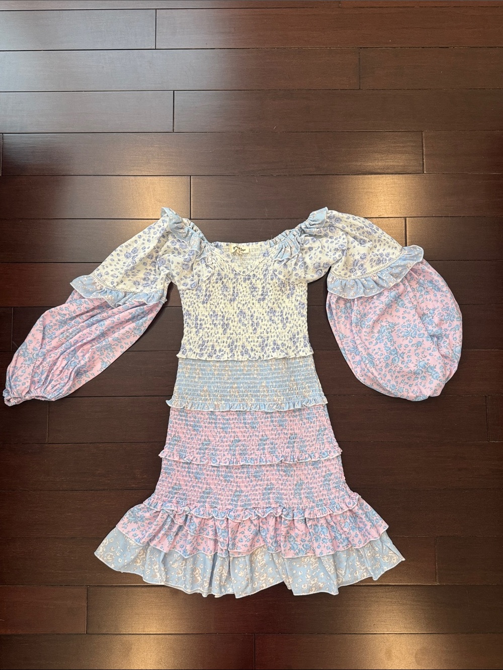 Pastel Floral Smocked Midi Dress with Puff Sleeves